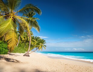 Obraz premium scenic tropical coastline with palm trees golden sand and vibrant blue seamperfect for vacation ads wellness branding and exotic travel imagery