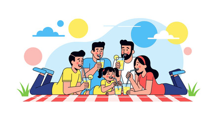 Naklejka premium Joyful Group Enjoying Refreshing Drinks During A Relaxing Picnic Under A Sunny Sky