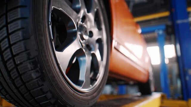 A car tire is shown in a garage. The tire is orange and has a black rim. Concept of maintenance and repair, as the tire is being inspected or replaced