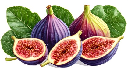 Fresh figs and leaves in a vibrant display against a pure white background, showcasing the rich purple and crimson hues of the fruit.