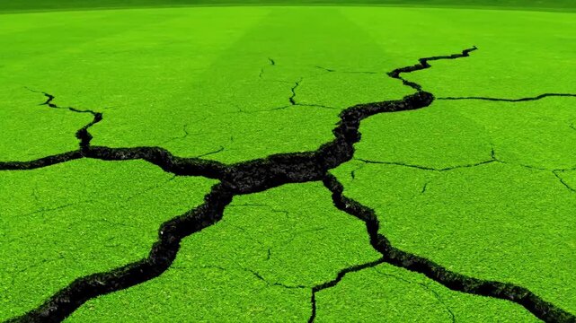 Earthquake Damage on Golf Course Green - A close-up shot of a golf course green with a large crack running through the grass, simulating an earthquake.