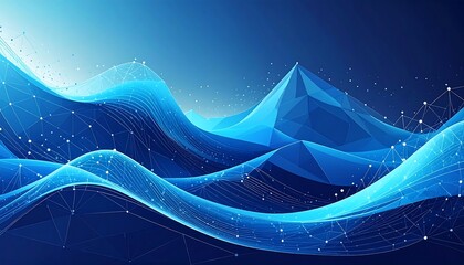 Abstract digital landscape showcases interconnected wavy formations, with a central, angular mountain peak, in cool blue tones.