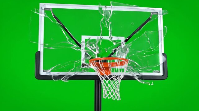 Exploding Basketball Hoop on Green Screen - A basketball hoop is shown with the backboard shattered into pieces on a green background.