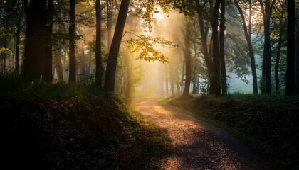 Obraz premium misty path winding through a dark forest in early morning light
