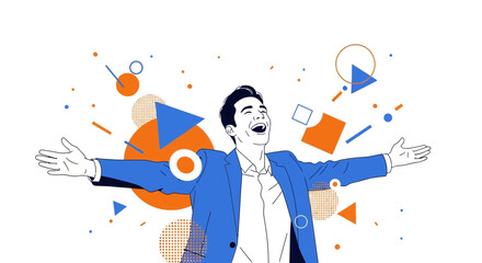 Joyful Man Embracing Success And Happiness With Colorful Geometric Abstract Elements