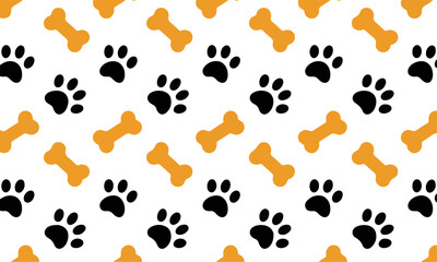 Seamless Pattern of Black Paw Prints and Orange Dog Bones on White Background