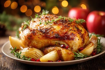 Crispy Roasted Chicken Delight Served with Sweet Apples, Fresh Thyme, and Onions &acirc;&euro;&ldquo; A Festive Dinner Plate