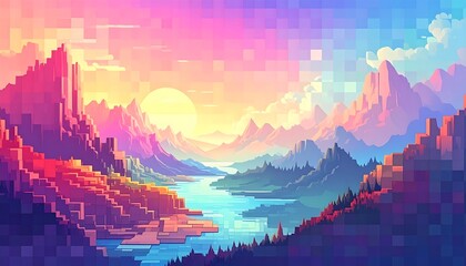 A vibrant, pixelated landscape showcases a serene valley bathed in the warm hues of a sunrise.