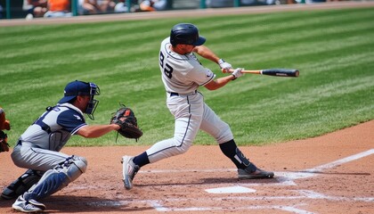 A baseball batter in a white uniform powerfully swings his bat at a pitch, while the catcher crouches defensively in his gear.