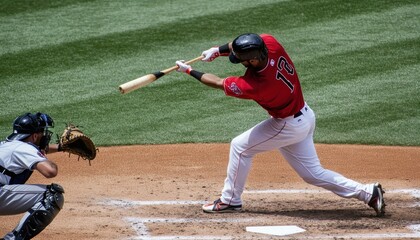 A baseball batter in a red uniform aggressively swings at a pitch while the catcher prepares to receive the ball.
