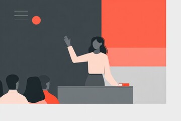 Engaging speaker presents ideas in modern setting with vibrant c