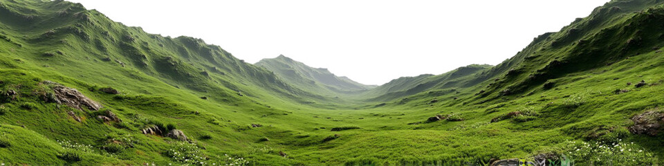 Fototapeta premium PNG of Lush green valley surrounded by rolling hills, creating a serene and tranquil atmosphere.