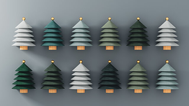 Colorful 3D Christmas trees arranged on a gray background