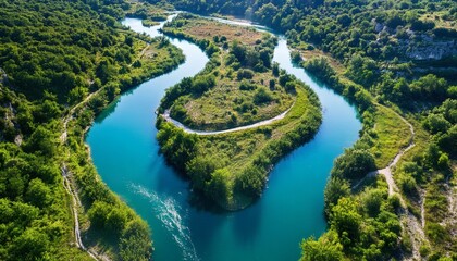 Fototapeta premium An aerial view shows a vibrant river winding through dense green vegetation, forming a unique oxbow loop.
