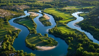 Naklejka premium The image shows a winding river surrounded by green vegetation and sandy banks, viewed from a high vantage point.
