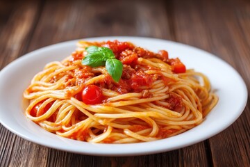 Vegan Spaghetti Delight: Fresh Tomato Sauce with Basil on a Rustic Wooden Table