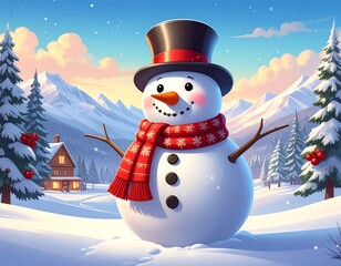 Obraz premium A cheerful snowman stands in a winter wonderland, wearing a warm red scarf and a top hat, as a cozy cabin rests peacefully in the snowy landscape.