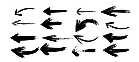 Grunge style brush stroke arrows vector set in black for hand drawn, distressed, and artistic directional graphic elements
