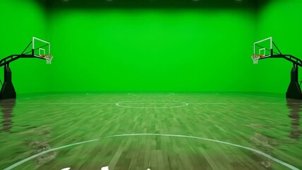 Flooded Basketball Court with Green Screen - A 3D-video video shows a basketball court with water flooding the floor. The background is a vibrant green screen, suitable for video compositing. - Powered by Adobe