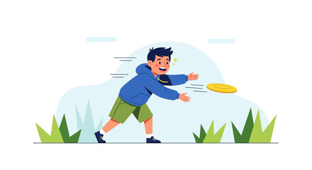 Fototapeta premium Joyful Youthful Lad Throwing Disc Outdoors During A Sunny Day For Recreation