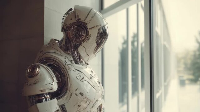 A highly detailed humanoid robot stands by a window, reflecting on the world outside. The image highlights cutting edge AI, robotics innovation, and the future of human machine interaction