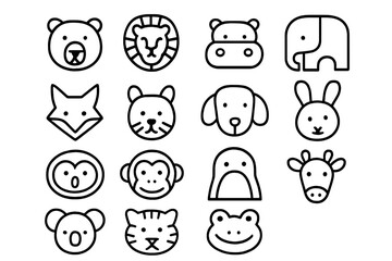Colorful animal faces featuring a bear, lion, hippo, elephant, and more in a playful design for children's art