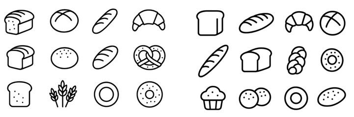 Variety of bread and pastry icons showcasing different types of baked goods in a simple black and white design