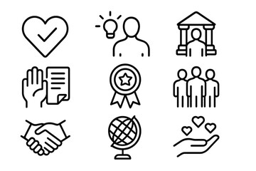 Symbols of community, cooperation, and achievement represented through simple line art designs
