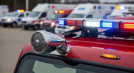 Close-up of an emergency vehicle with vibrant flashing lights, surrounded by ambulances in a parking lot, ready for action.