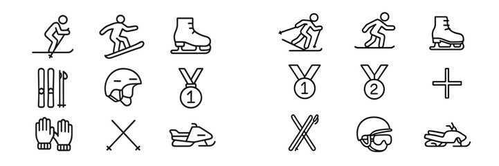 Iconic winter sports symbols featuring skiing, snowboarding, ice skating, and medals for athletes in action during competitive events