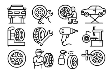 Various tire maintenance icons showing activities like changing tires and using tools