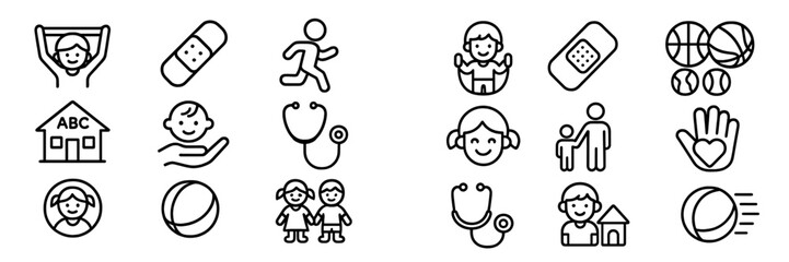 Healthcare and childhood development icons featuring children, sports, and medical symbols in a simple, clean design