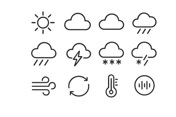 Weather symbols showing sunshine, clouds, rain, wind, and temperature variations in a simple and clear design for easy understanding
