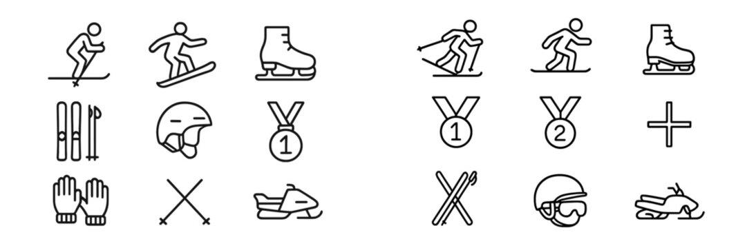 Iconic winter sports symbols featuring skiing, snowboarding, ice skating, and medals for athletes in action during competitive events