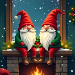 Illustration of Christmas stockings on the fireplace with elves