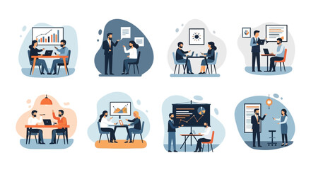 Teamwork and Collaboration in a Business Meeting Setting with Data Analysis and Presentation Scenes