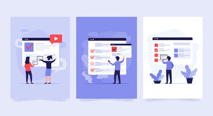 Illustrations depicting people interacting with digital interfaces and data on screens representing modern technology and online services