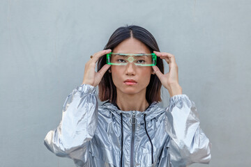Futuristic style with silver suit and modern eye wear