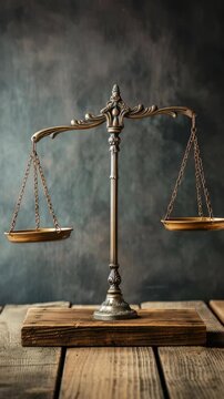 Close-up of a golden scale of justice on a wooden platform. The scale is balanced and set against a dark background. The imagery evokes themes of law, justice, and unbiased assessment.