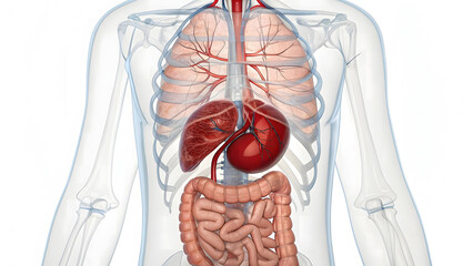 Translucent Human Torso Anatomy High-Resolution 3D Render of Vital Organs and Vascular System Internal Body Structure Central Thoracic and Abdominal Organs in Anatomical Perspective