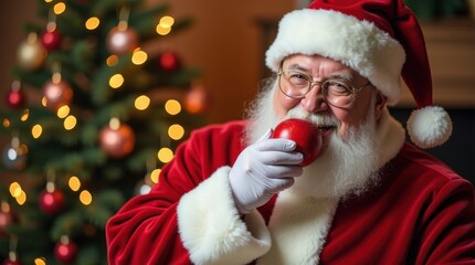 Jolly santa claus wearing glasses eating an apple by christmas tree