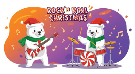 Two polar bears are joyfully celebrating a rock 'n' roll Christmas, one playing the guitar and the other on drums, spreading festive cheer with their music. Vector illustration.
