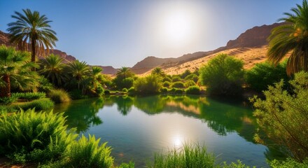 Fototapeta premium Desert oasis with palm trees and a tranquil lake. Green vegetation thrives in a dry landscape. Natural beauty and serene environment.
