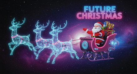 A futuristic Christmas scene featuring Santa Claus riding in a sleigh pulled by glowing reindeer, set against a backdrop of stars and cosmic dust. Festive and magical. Vector illustration. © SWEET