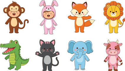 Animal character vector set, cartoon animals, kids costume illustration, monkey bunny fox lion, crocodile cat elephant cow, playful design