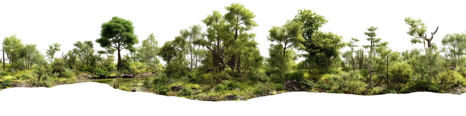 Obraz premium PNG of Serene landscape of lush greenery and tranquil waters surrounded by vibrant trees and plants.