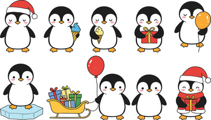 Cartoon penguins, festive illustration, Christmas vector, holiday animals, cute characters, gift box, balloon, ice cream, winter fun, seasonal clipart