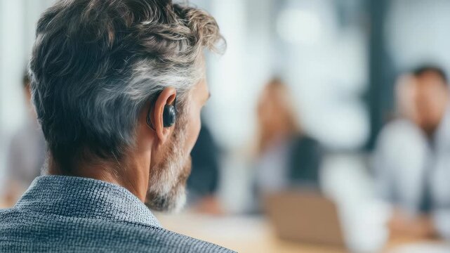 A professional setting shows a senior male using a discreet hearing aid, participating in a corporate discussion. The image emphasizes inclusivity and advanced hearing solutions at work