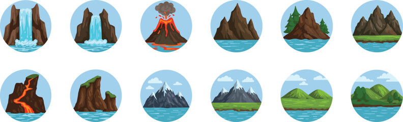 Landform illustrations, volcano vector, waterfall clipart, mountain range, geological features, nature icons, cliff drawing, hill design, terrain set, earth elements © Hasib World
