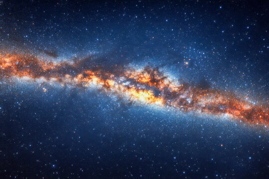 Bright stars and swirling cosmic dust create a mesmerizing view of a spiral galaxy in the deep universe, showcasing its beauty